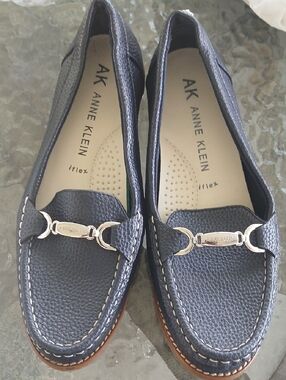 Anne Klein Navy Leather Bit-Detail Loafers